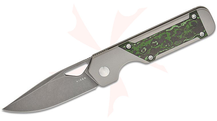 Kizer Cutlery Jonathan Styles Mini Militaw Frame Lock Front Flipper Knife 2.82 inch S45VN Dark Stonewashed Drop Point Blade, Contoured Titanium Handles with Jungle Wear FatCarbon Inlays
