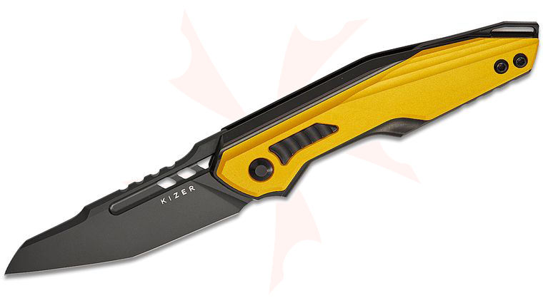 Kizer Cutlery Maciej Torbe Zero Front Flipper Knife 3.22 inch S35VN Black Polished DLC Reverse Tanto Blade, Black Titanium Handles with Yellow Aluminum Overlays