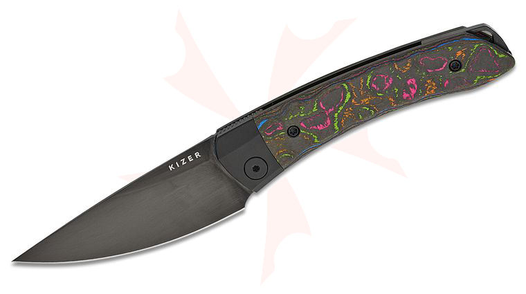Kizer Cutlery Vladimir Legachev Mini Momo Liner Lock Front Flipper Knife 3.2 inch CPM-S35VN Polished Black DLC Drop Point Blade, 80's CamoCarbon Handles with Black Titanium Bolsters