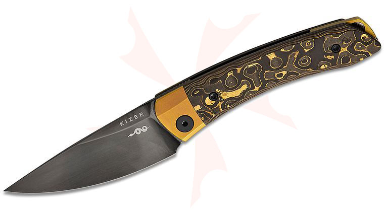 Kizer Cutlery Vladimir Legachev Mini Momo Liner Lock Front Flipper Knife 3.2 inch CPM-S90V Polished Black DLC Drop Point Blade, Gold Camo FatCarbon Handles with Gold Titanium Bolsters