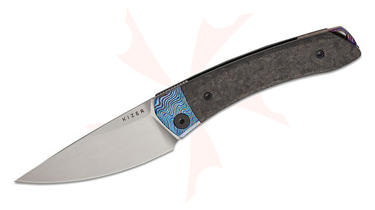 Kizer Cutlery Vladimir Legachev Mini Momo Liner Lock Front Flipper Knife 3.2 inch M390 Satin Drop Point Blade, Marble Carbon Fiber Handles with Timascus Bolsters and Spacer