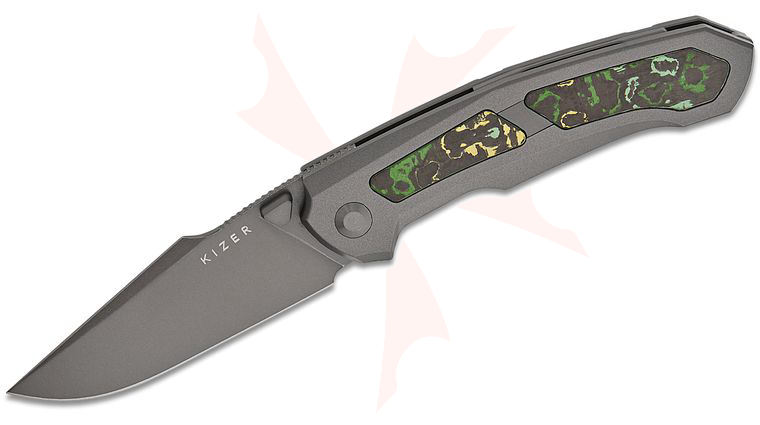 Kizer Cutlery Vu Huynh Nam Anh Feweed Frame Lock Front Flipper Knife 2.98 inch CPM-S90V Gray Stonewashed Harpoon Blade, Gray Titanium Handles with Toxic Storm FatCarbon Inlays
