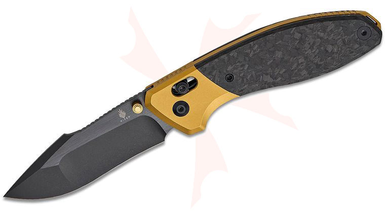 Kizer Cutlery O. SHO Staffi Clutch Lock Folding Knife 3.3 inch S45VN Black DLC-Ultra Compound Harpoon Blade, Carbon Fiber Handles with Gold Titanium Bolsters, Reversible Clip