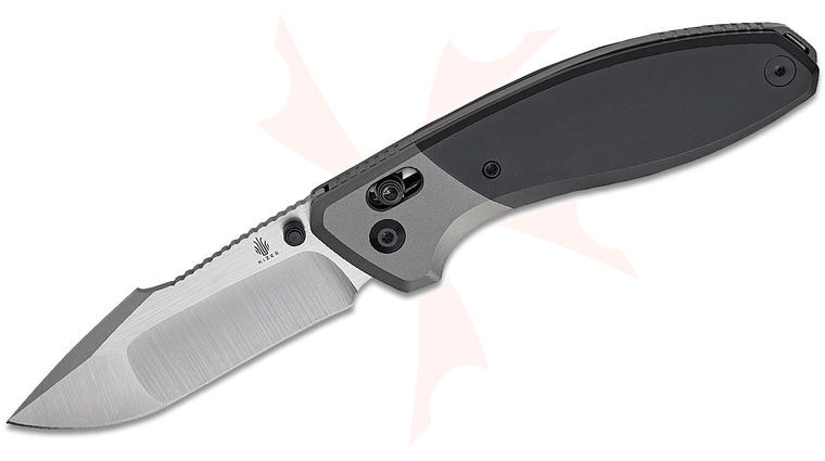 Kizer Cutlery O. SHO Staffi Clutch Lock Folding Knife 3.3 inch S45VN Hand Brushed Satin Compound Harpoon Blade, Black Titanium Handles with Gray Titanium Bolsters, Reversible Clip