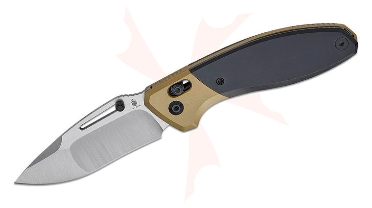 Kizer Cutlery O. SHO Bulli Clutch Lock Folding Knife 3.33 inch S45VN Hand Brushed Satin Compound Drop Point Blade, Black Titanium Handles with Gold Titanium Bolsters, Reversible Clip