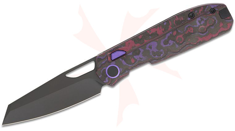Kizer Cutlery Divo Knives Mash Button Liner Lock Folding Knife 3.21 inch M390 Matte Black DLC Ultra Modified Sheepsfoot Blade, Purple Haze FatCarbon Handles, Reversible Clip
