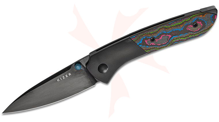 Kizer Cutlery Chris Conaway Spitfire Folding Knife 3.13 inch S35VN Black Polished DLC Drop Point Blade, Black Titanium Handles with 80s Camo Carbon Inlays