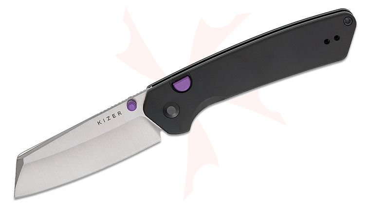 Kizer Cutlery Matteo Pignatelli Madrac Button Liner Lock Folding Knife 3.05 inch S45VN Satin Reverse Tanto Blade, Black Aluminum Handles, Reversible Clip