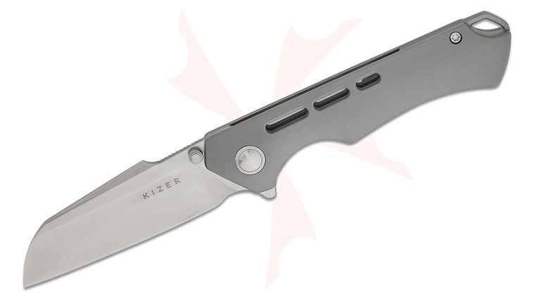 Kizer Cutlery Gecko Customz Crest Frame Lock Flipper Knife 3.03 inch CPM-S35VN Satin Sheepsfoot Blade, Contoured Slot Milled Titanium Handles