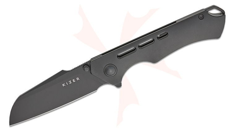 Kizer Cutlery Gecko Customz Crest Frame Lock Flipper Knife 3.03 inch CPM-S35VN Black Sheepsfoot Blade, Black Contoured Slot Milled Titanium Handles