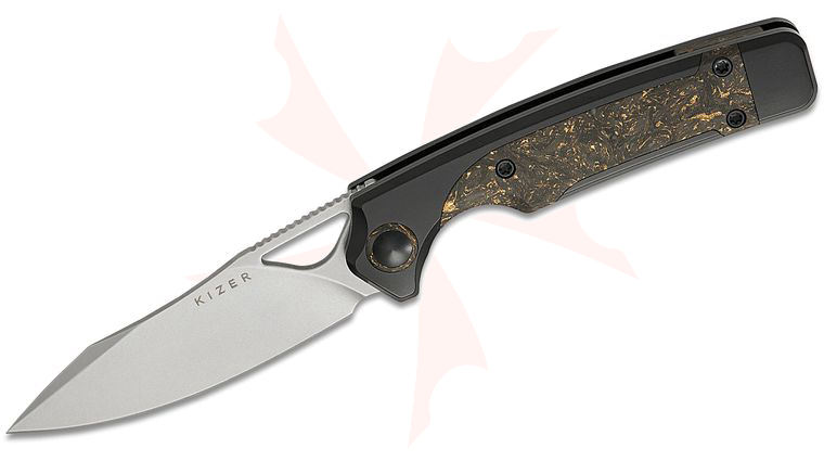 Kizer Cutlery Jonathan Styles x Paul Munko Ara Folding Knife 3.09 inch S45VN Bubble Stonewashed Drop Point Blade, Titanium Handles with Gold Flake Carbon Fiber Inlays
