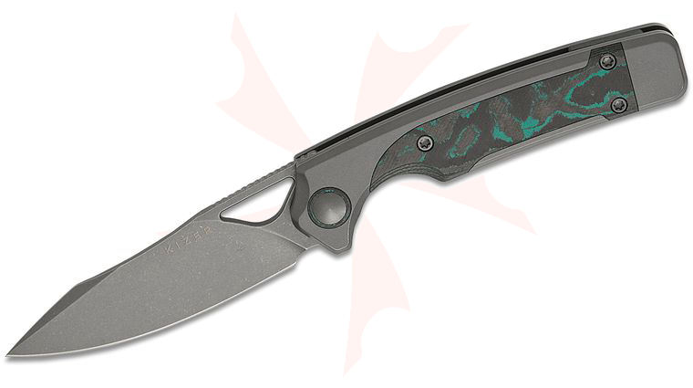 Kizer Cutlery Jonathan Styles x Paul Munko Ara Folding Knife 3.09 inch S45VN Gray Stonewashed Drop Point Blade, Titanium Handles with Brittany Blue Carbon Fiber Inlays