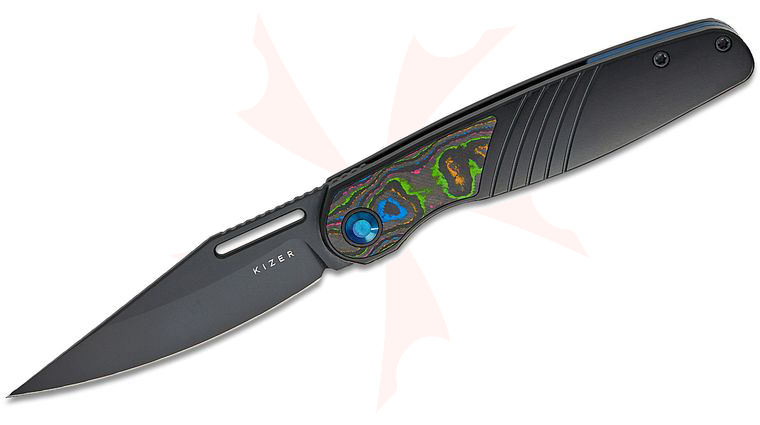 Kizer Cutlery Mark Perez Raze Front Flipper Knife 3.5 inch S45VN Black DLC-Ultra Clip Point Blade, Black Titanium Handles with 80s CamoCarbon Inlays