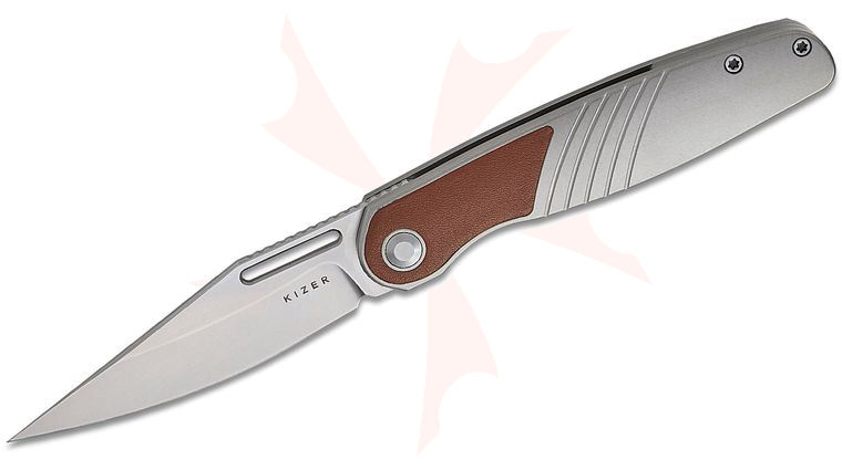 Kizer Cutlery Mark Perez Raze Front Flipper Knife 3.5 inch S45VN Bubble Stonewashed Clip Point Blade, Gray Titanium Handles with Brown Leather Inlays