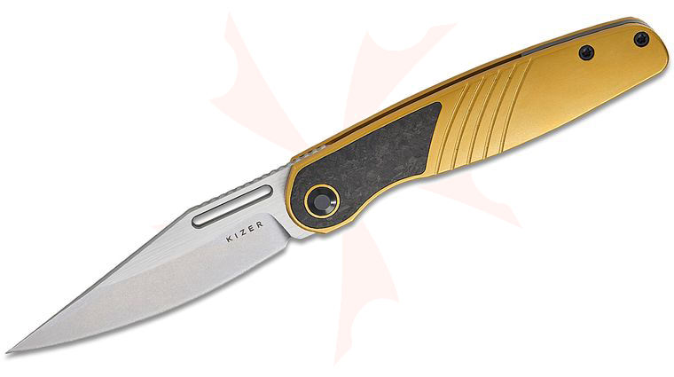 Kizer Cutlery Mark Perez Raze Front Flipper Knife 3.5 inch S45VN Stonewashed Two-Tone Clip Point Blade, Gold Titanium Handles with Carbon Fiber Inlays