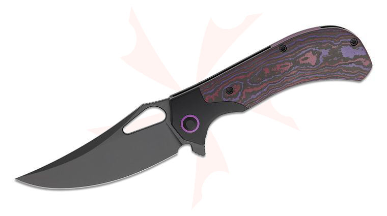 Kizer Cutlery James Lowe Cyclone Bolster Lock Flipper Knife 3.68 inch S35VN Matte Black DLC Ultra Trailing Point Blade, Black Bolstered Titanium Handles with Purple Haze FatCarbon Scales