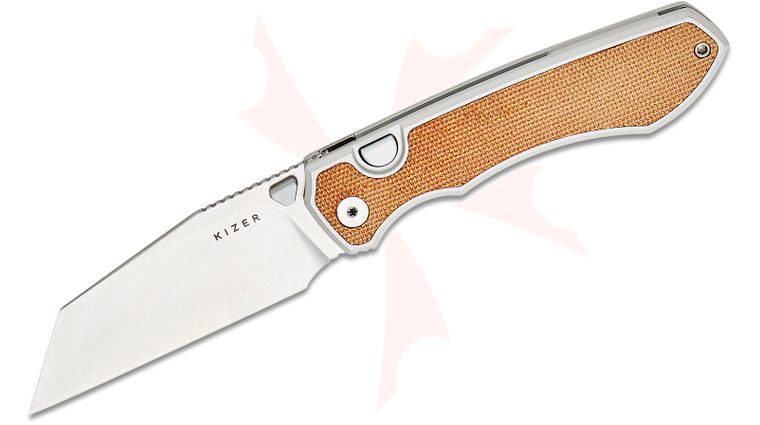 Kizer Cutlery Johan Jordaan Wharning Button Liner Lock Folding Knife 3.4 inch S45VN Satin Wharncliffe Blade, Silver Aluminum Handles with Brown Norplex UltreX Micarta Inlays