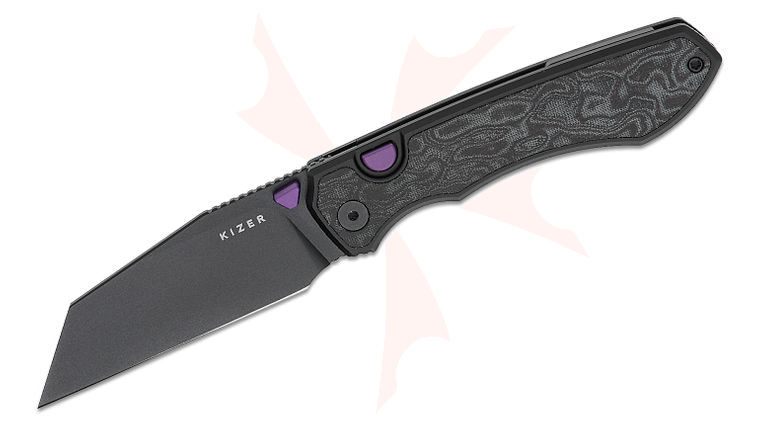 Kizer Cutlery Johan Jordaan Wharning Button Liner Lock Folding Knife 3.4 inch S45VN Black PVD Wharncliffe Blade, Black Aluminum Handles with Black & White Norplex UltreX Micarta Inlays