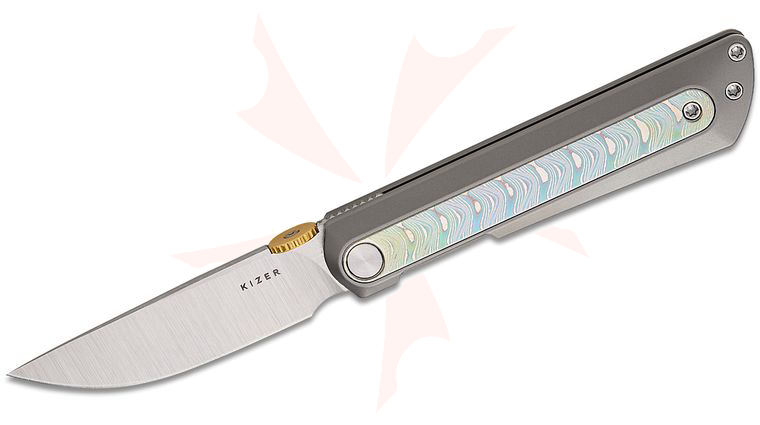 Kizer Cutlery Ben Taubert Quoll Front Flipper Knife 2.95 inch S45VN Satin Drop Point Blade, Gray Titanium Handles with Rainbow Damascus Inlays