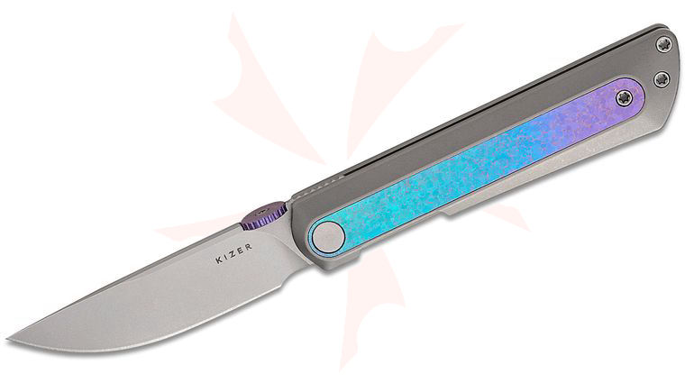 Kizer Cutlery Ben Taubert Quoll Front Flipper Knife 2.95 inch S45VN Stonewashed Drop Point Blade, Gray Titanium Handles with Crystallized Titanium Inlays