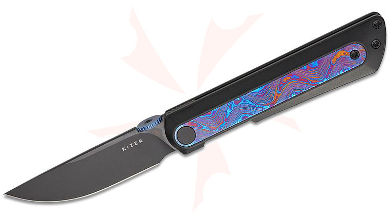 Kizer Cutlery Ben Taubert Quoll Front Flipper Knife 2.95 inch S45VN Black DLC-Ultra Drop Point Blade, Black Titanium Handles with Timascus Inlays