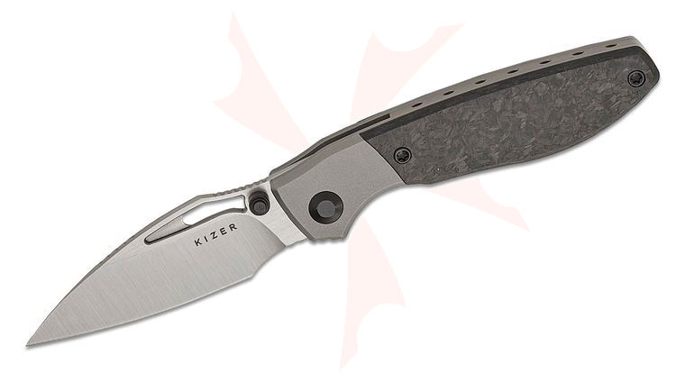 Kizer Cutlery Johan Jordaan Shrike Front Flipper Knife 2.74 inch S45VN Hand Brushed Satin Drop Point Blade, Bolstered Gray Titanium Handles with Carbon Fiber Scales