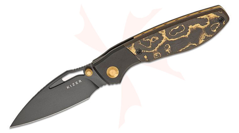 Kizer Cutlery Johan Jordaan Shrike Front Flipper Knife 2.74 inch S45VN Matte Black DLC-Ultra Drop Point Blade, Bolstered Black Titanium Handles with Camo Gold FatCarbon Scales