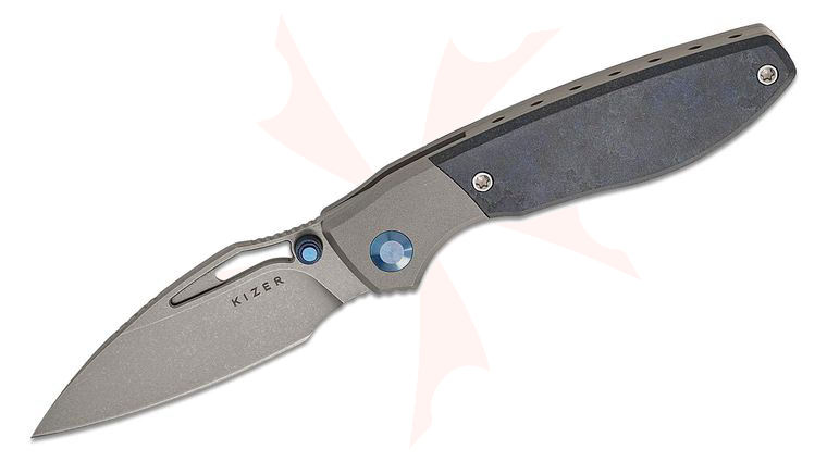 Kizer Cutlery Johan Jordaan Shrike Front Flipper Knife 2.74 inch S45VN Stonewashed Drop Point Blade, Bolstered Gray Titanium Handles with Richlite Scales