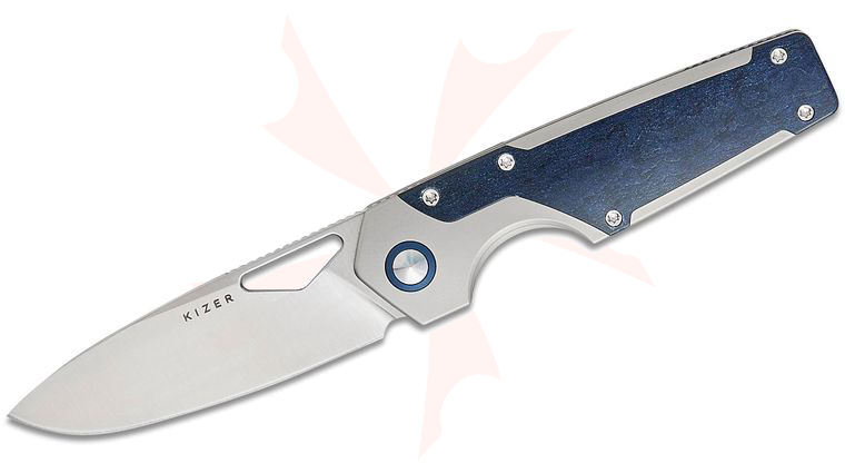 Kizer Cutlery Jonathan Styles Serpentine Frame Lock Front Flipper Knife 3.47 inch M390 Satin Drop Point Blade, Silver Titanium Handles with Blue Richlite Inlays
