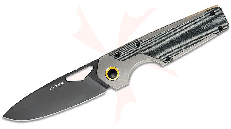 Kizer Cutlery Jonathan Styles Serpentine Frame Lock Front Flipper Knife 3.47 inch Elmax Matte Black DLC-Ultra Drop Point Blade, Gray Titanium Handles with Black Micarta Inlays