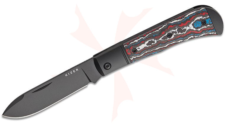 Kizer Cutlery Azo Trestle D Slipjoint Folding Knife 2.95 inch CPM-S90V Black DLC-Ultra Drop Point Blade, Black Aluminum Handles with Nebula FatCarbon Inlays, Leather Pouch