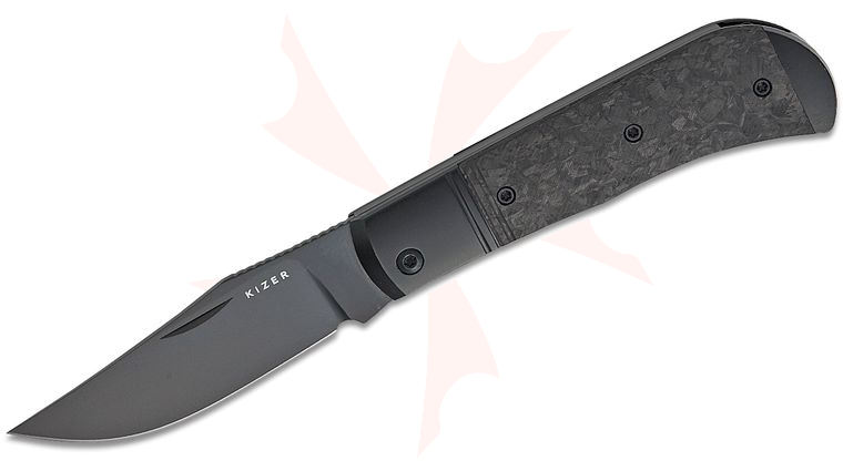 Kizer Cutlery Azo Trestle Slipjoint Folding Knife 2.9 inch S45VN Black DLC-Ultra Clip Point Blade, Black Titanium Handles with Carbon Fiber Inlays, Leather Pouch