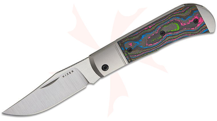 Kizer Cutlery Azo Trestle Slipjoint Folding Knife 2.9 inch M390 Hand Brushed Satin Clip Point Blade, Gray Titanium Handles with 80's CamoCarbon Inlays, Leather Pouch