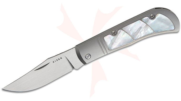 Kizer Cutlery Azo Trestle Slipjoint Folding Knife 2.9 inch S45VN Hand Brushed Satin Clip Point Blade, Gray Titanium Handles with Mother of Pearl Inlays, Leather Pouch