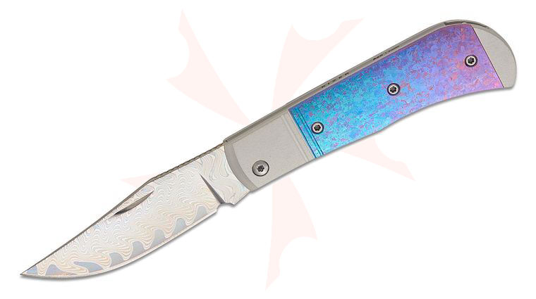 Kizer Cutlery Azo Trestle Slipjoint Folding Knife 2.9 inch Rainbow Damascus Clip Point Blade, Gray Aluminum Handles with Crystallized Titanium Inlays, Leather Pouch