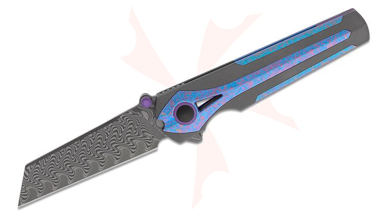 Kizer Cutlery Jonathan Styles Staff Frame Lock Flipper Knife 2.99 inch Damascus Reverse Tanto Blade, Dark Gray Titanium Handles with Crystallized Titanium Inlays