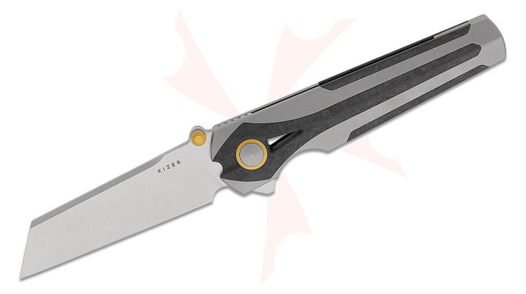 Kizer Cutlery Jonathan Styles Staff Frame Lock Flipper Knife 2.99 inch S45VN Satin Reverse Tanto Blade, Light Gray Titanium Handles with Carbon Fiber Inlays