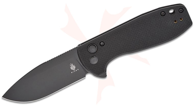 Kizer Cutlery Laconic Series Azo Amicus Button Lock Flipper Knife 2.95 inch Black Drop Point Blade, Black G10 Handles