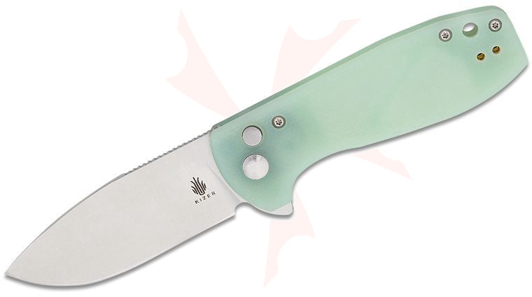 Kizer Cutlery Laconic Series Azo Amicus Button Lock Flipper Knife 2.95 inch Satin Drop Point Blade, Natural (Jade) G10 Handles