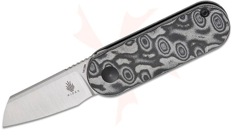 Kizer Cutlery Vanguard Azo/Liz Mini Bay Double Detent Slipjoint Flipper Knife 1.89 inch 14C28N Satin Sheepsfoot Blade, Gray Vortex Pattern Micarta Handles
