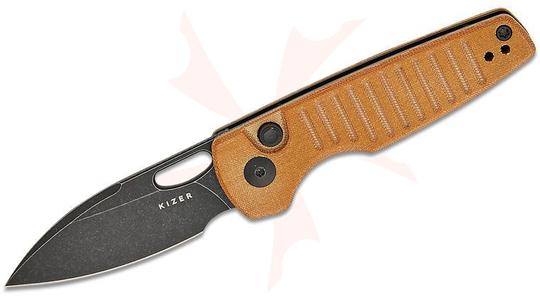 Kizer Cutlery Vanguard Johan Jordaan Parakeet Folding Knife 2.46 inch Nitro-V Black Stonewashed Drop Point Blade, Milled Brown Canvas Micarta Handles