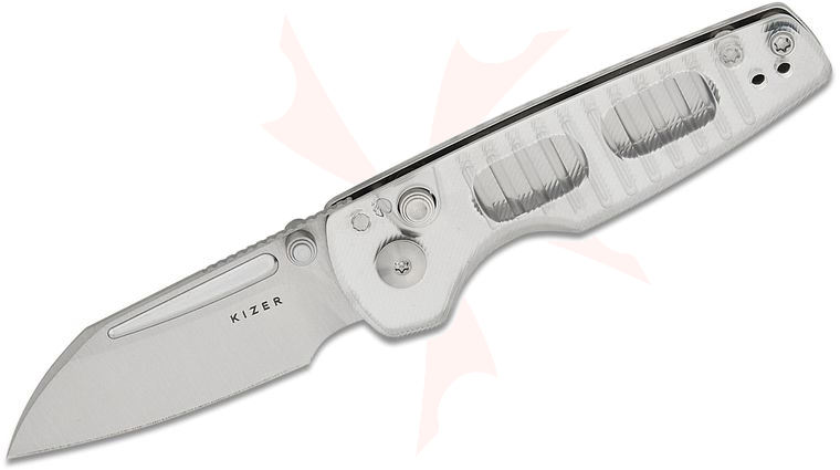 Kizer Cutlery Vanguard Johan Jordaan Parakeet Folding Knife 2.46 inch Nitro-V Satin Sheepsfoot Blade with Thumb Studs, Milled Clear Acrylic Handles