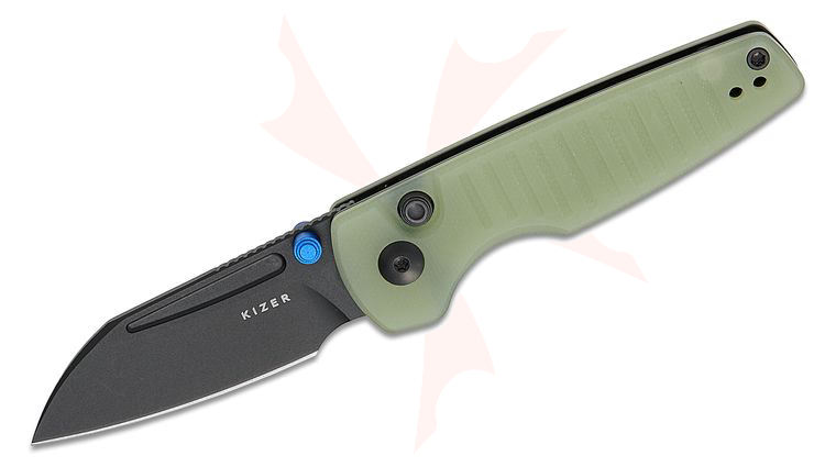 Kizer Cutlery Vanguard Johan Jordaan Parakeet Folding Knife 2.46 inch Nitro-V Black PVD Sheepsfoot Blade, Milled Glow-in-the-Dark G10 Handles