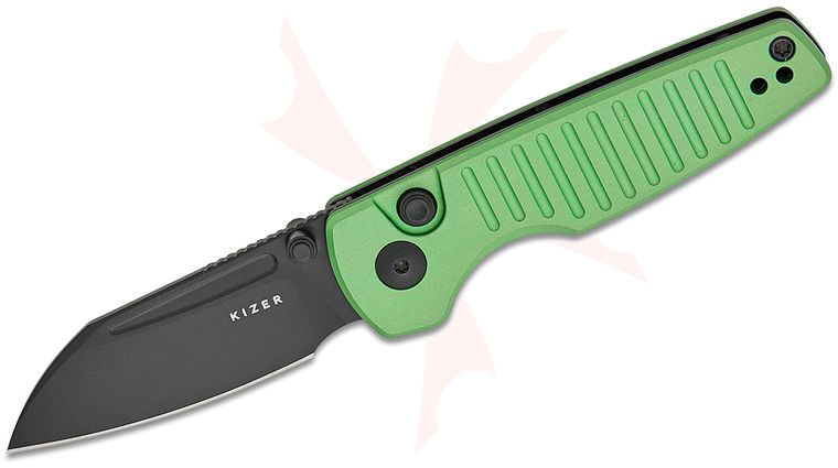 Kizer Cutlery Vanguard Johan Jordaan Parakeet Folding Knife 2.46 inch Nitro-V Black Sheepsfoot Blade with Thumb Studs, Milled Green Aluminum Handles