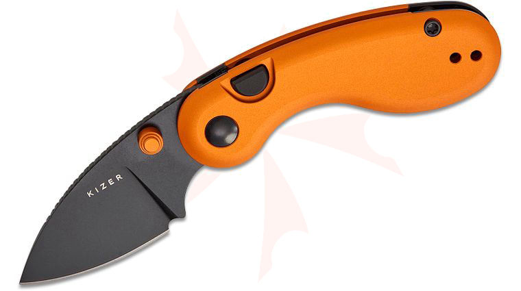 Kizer Cutlery Vanguard Microbe Button Liner Lock Folding Knife 2.19 inch 14C28N Black PVD Drop Point Blade with Thumb Hole, Orange Aluminum Handles, Reversible Deep Carry Clip
