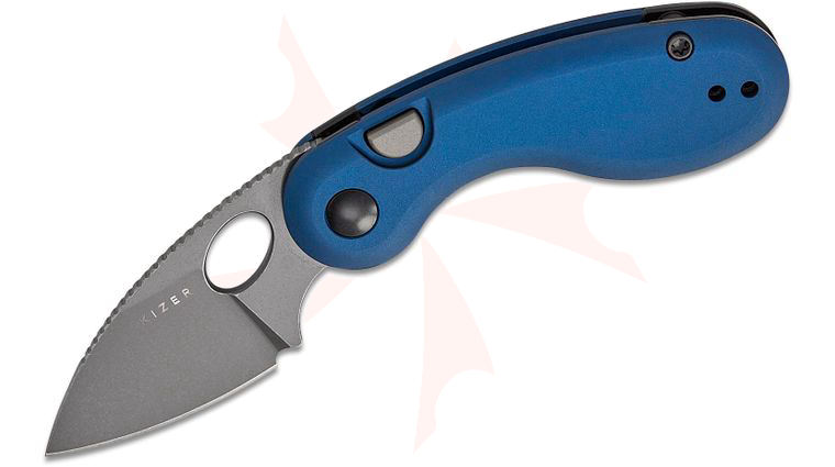 Kizer Cutlery Vanguard Microbe Button Liner Lock Folding Knife 2.19 inch 14C28N Gray Stonewashed Drop Point Blade with Thumb Hole, Blue Aluminum Handles, Reversible Deep Carry Clip