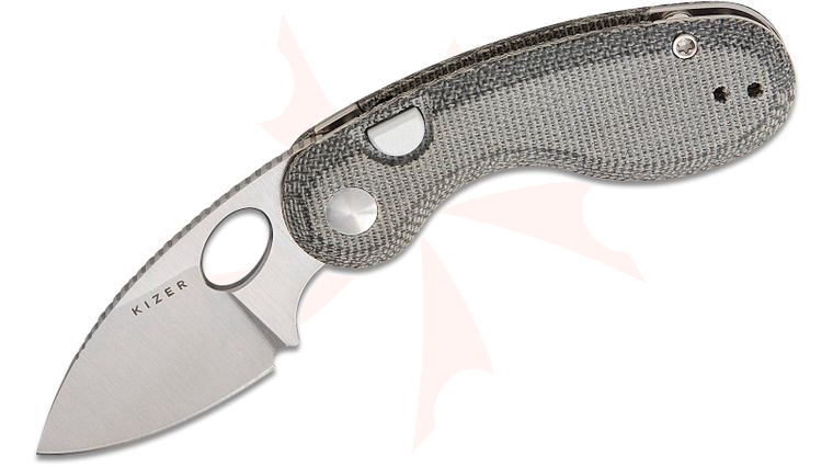 Kizer Cutlery Vanguard Microbe Button Liner Lock Folding Knife 2.19 inch 14C28N Satin Drop Point Blade with Thumb Hole, Black Norplex UltreX Micarta Handles, Reversible Deep Carry Clip