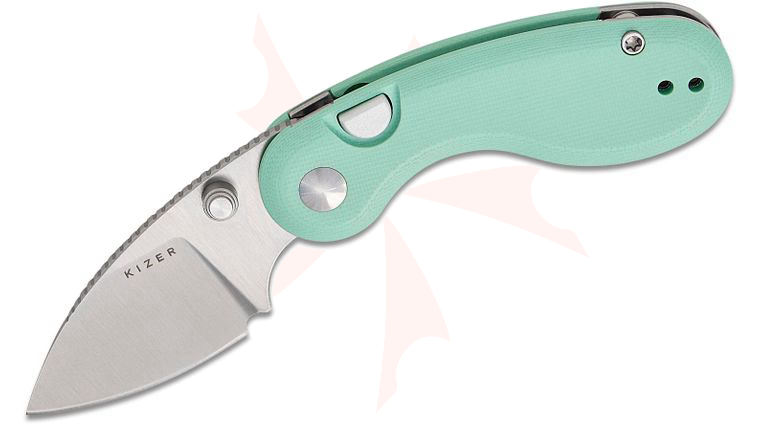 Kizer Cutlery Vanguard Microbe Button Liner Lock Folding Knife 2.19 inch 14C28N Satin Drop Point Blade with Thumb Hole, Jade (Natural) G10 Handles, Reversible Deep Carry Clip