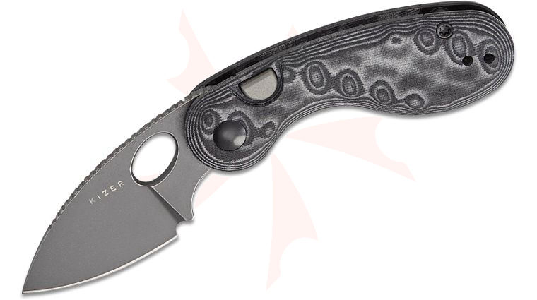 Kizer Cutlery Vanguard Microbe Button Liner Lock Folding Knife 2.19 inch 14C28N Gray Stonewashed Drop Point Blade with Thumb Hole, Black & Gray Vortex Micarta Handles, Reversible Deep Carry Clip
