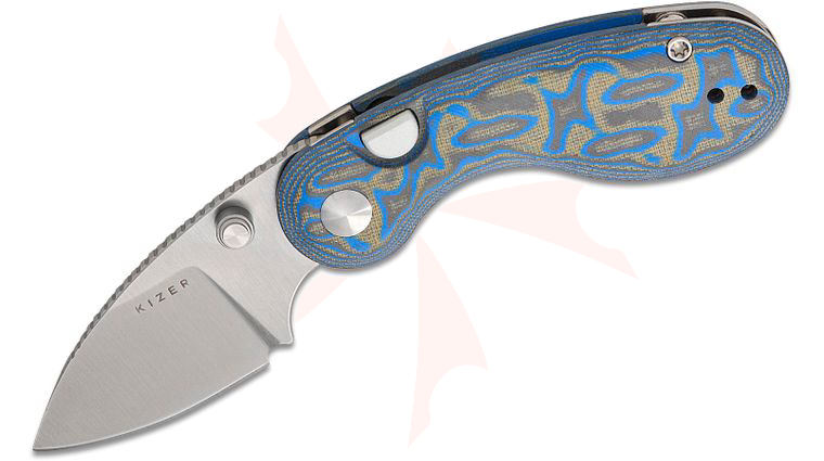 Kizer Cutlery Vanguard Microbe Button Liner Lock Folding Knife 2.19 inch 14C28N Satin Drop Point Blade with Thumb Studs, Blue Vortex Micarta Handles, Reversible Deep Carry Clip